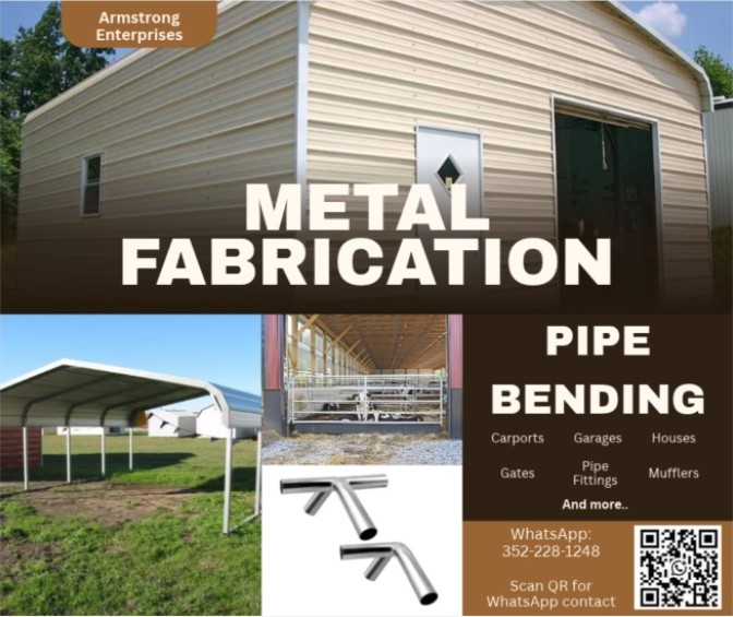 Armstrong Enterprises: metal fabrication and pipe bending. Carports, garages, houses, gates, pipe fittings, mufflers and more.
